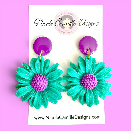 Teal & Purple Flower Clay Earrings
