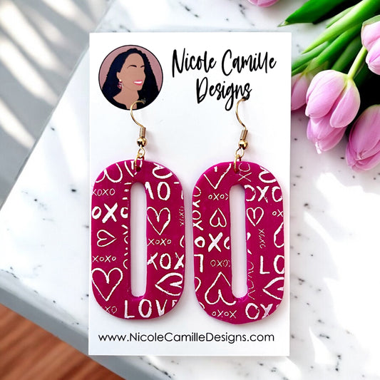 Fuschia VDay Scribble Oval Clay Earrings