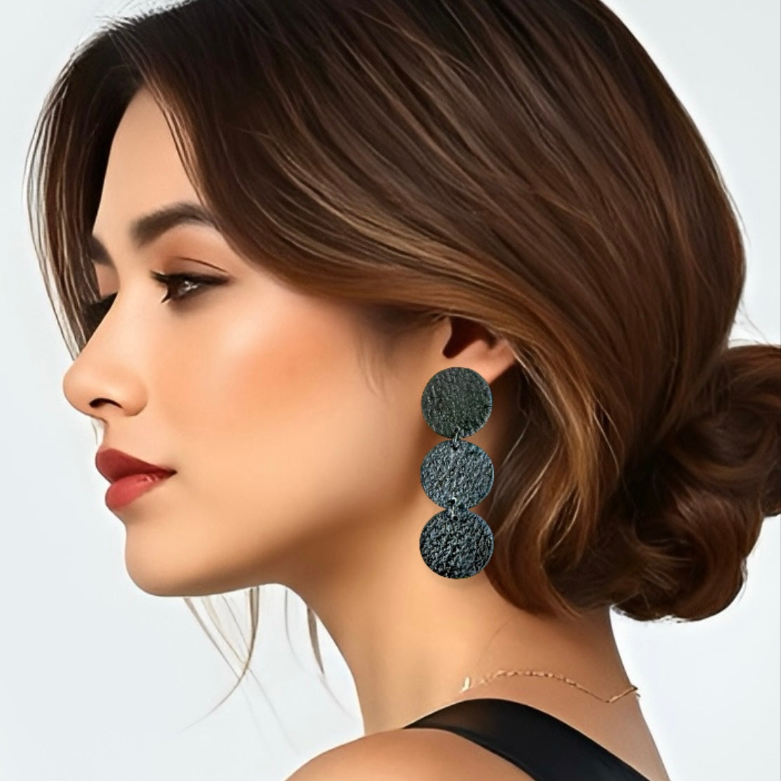 Black Leather Triple Disc Clay Earrings
