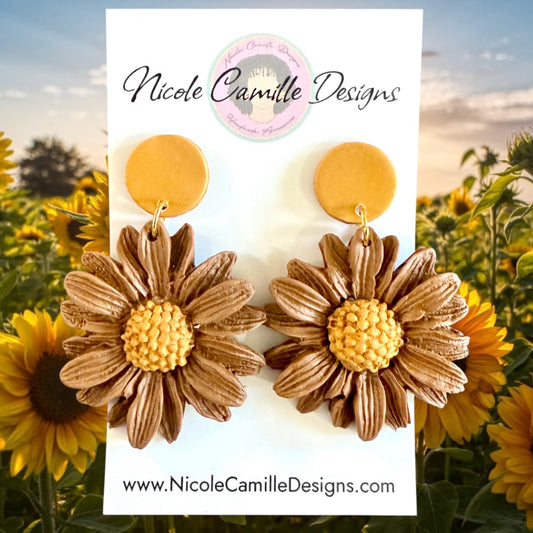 Brown Flower Clay Earrings