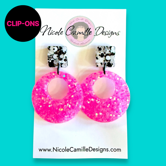 Hot Pink Mix Glitter Round Resin Clip-on Earrings