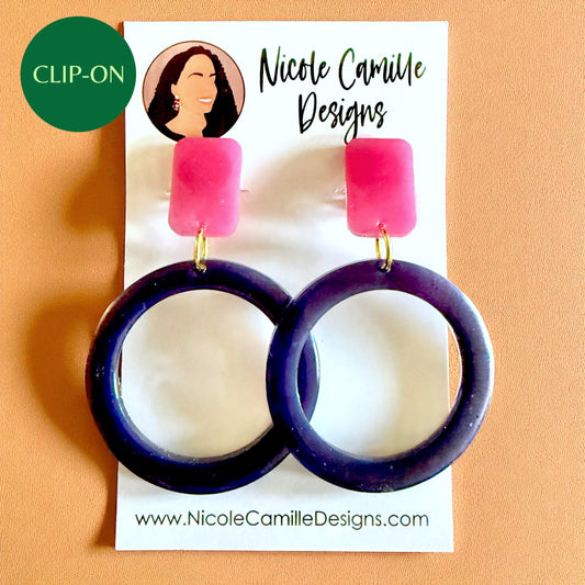 Hot Pink & Navy Hoops Clip-on Resin Earrings