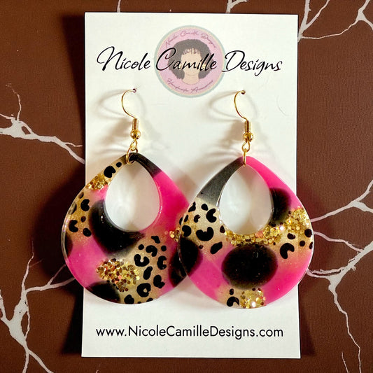 Fuschia & Black Mix Glittery Teardrop Resin Earrings