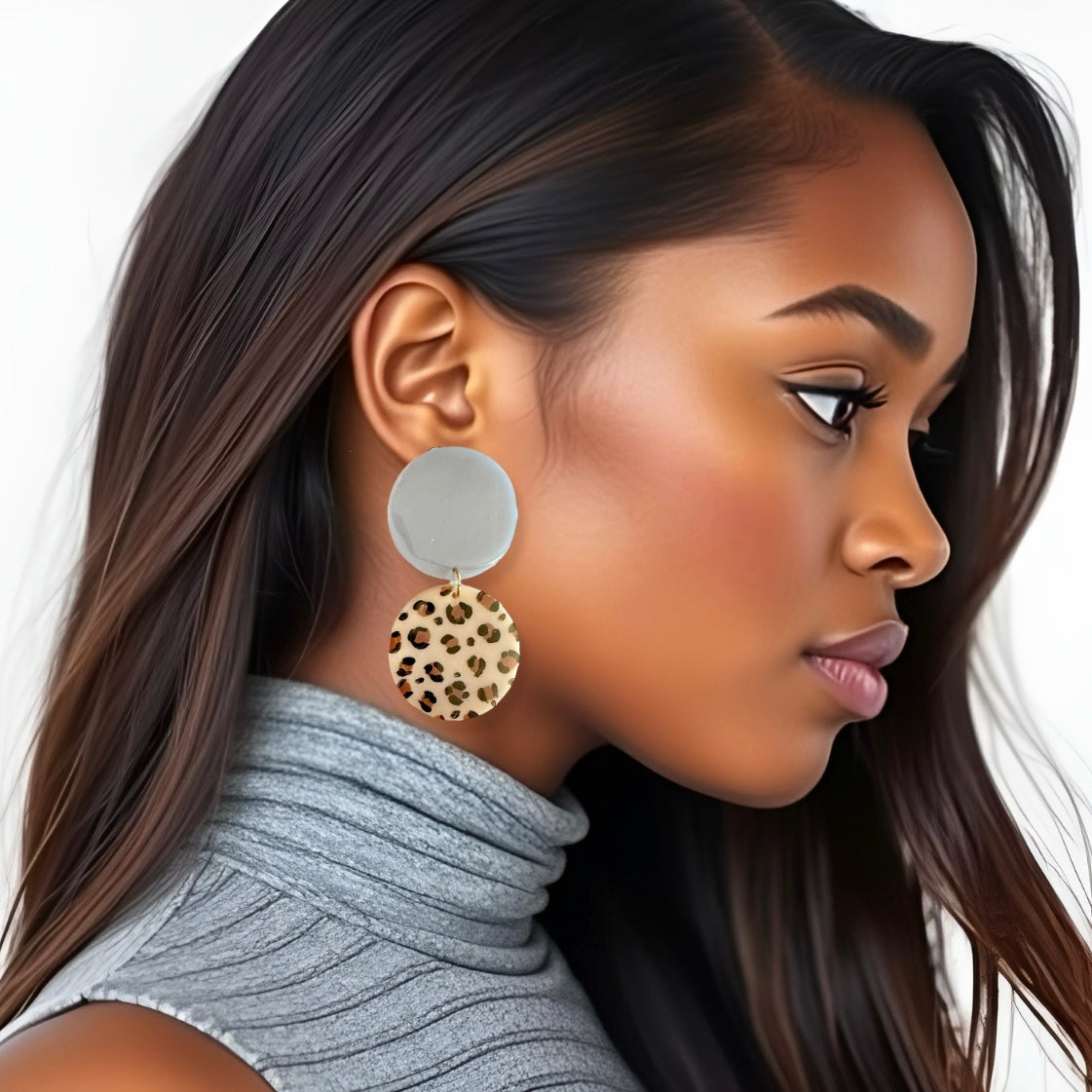 Gray & Leopard Double Disc Resin Earrings