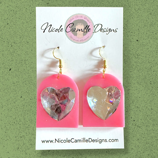 Pink & Silver Gem Heart Resin Earrings