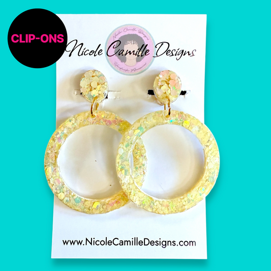 Butter Yellow Glitter Round Clip-on Resin Earrings