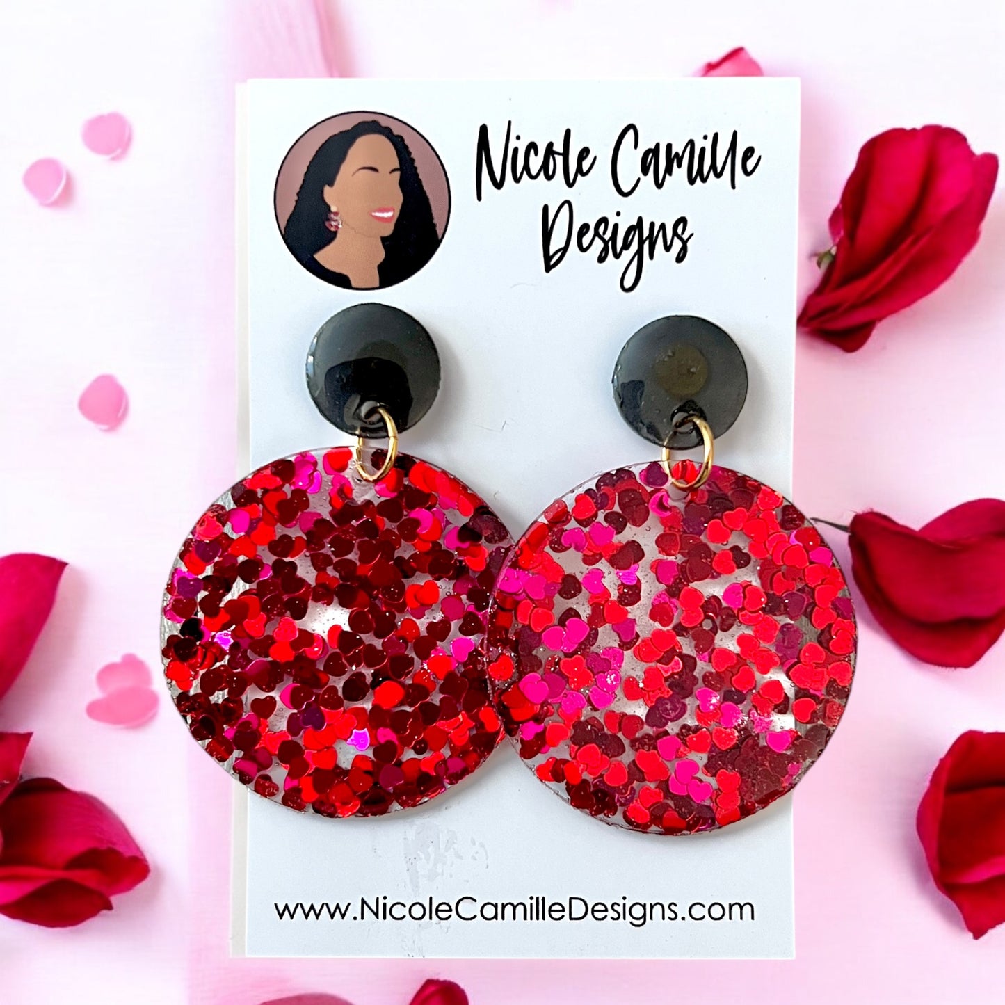 Red Heart Glitter Disc Resin Earrings