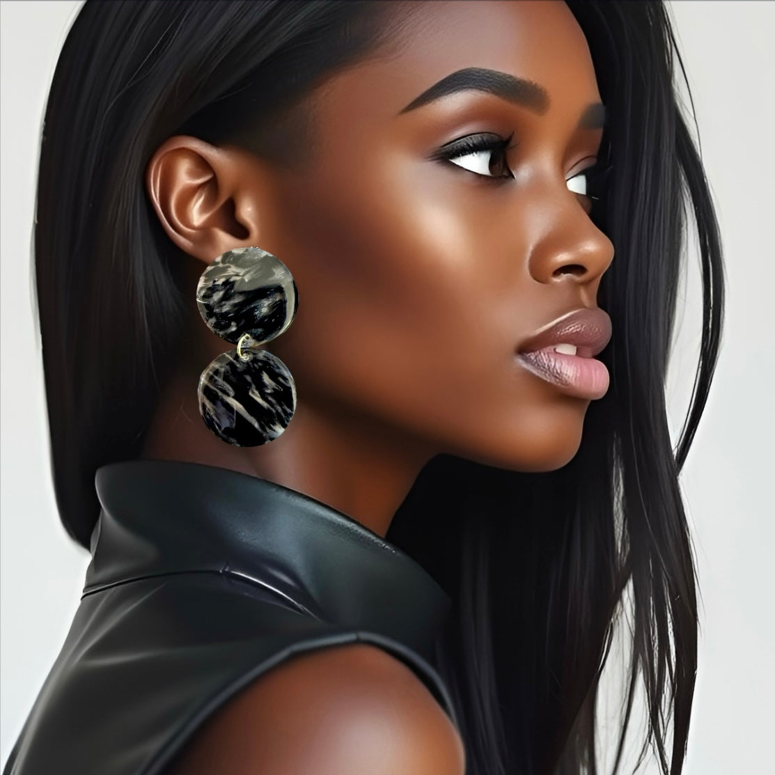 Black Marble Double Disc Clay Earrings