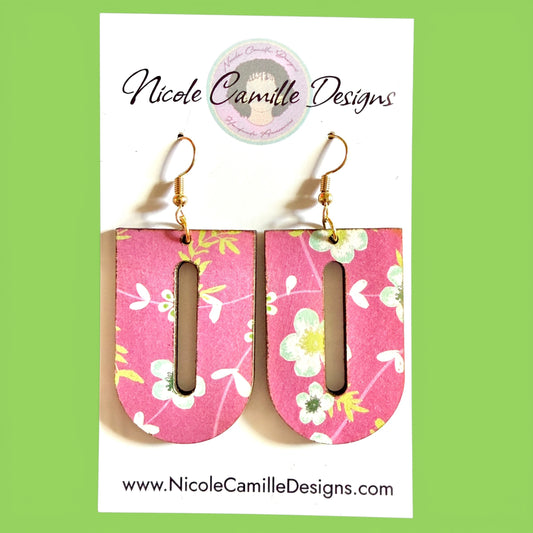 Mauve Floral Print Reverse Arch Wood Earrings