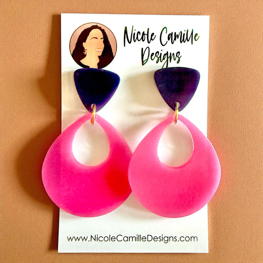 Hot Pink & Navy Teardrop Resin Earrings