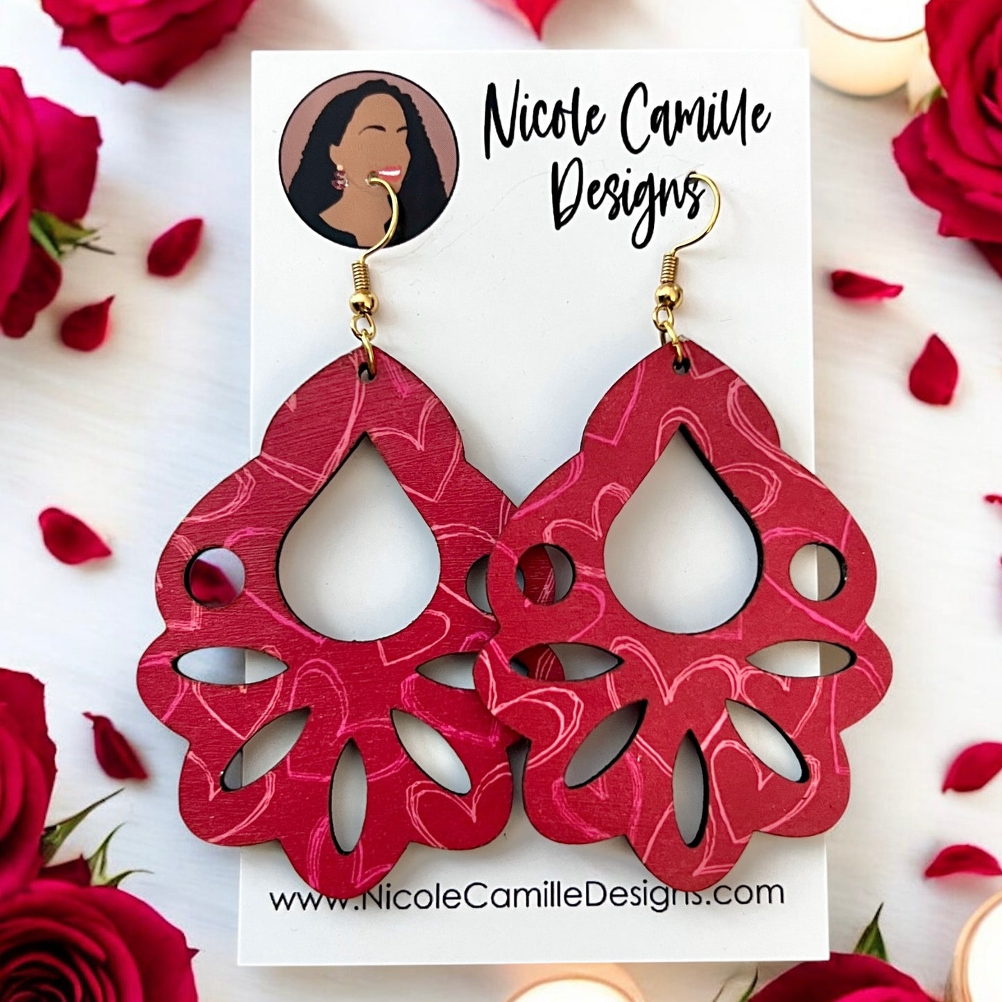 Red Heart Boho Wood Earrings