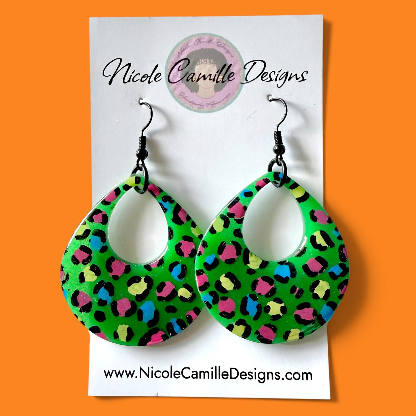 Green Leopard Print Teardrop Resin Earrings