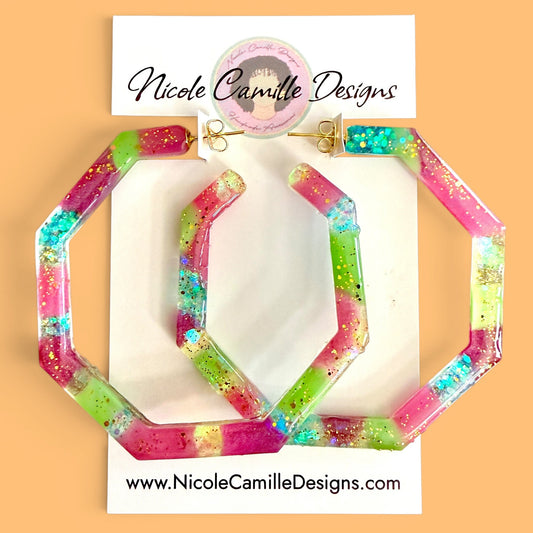 Multicolor & Glitter Geo Hoops Resin Earrings