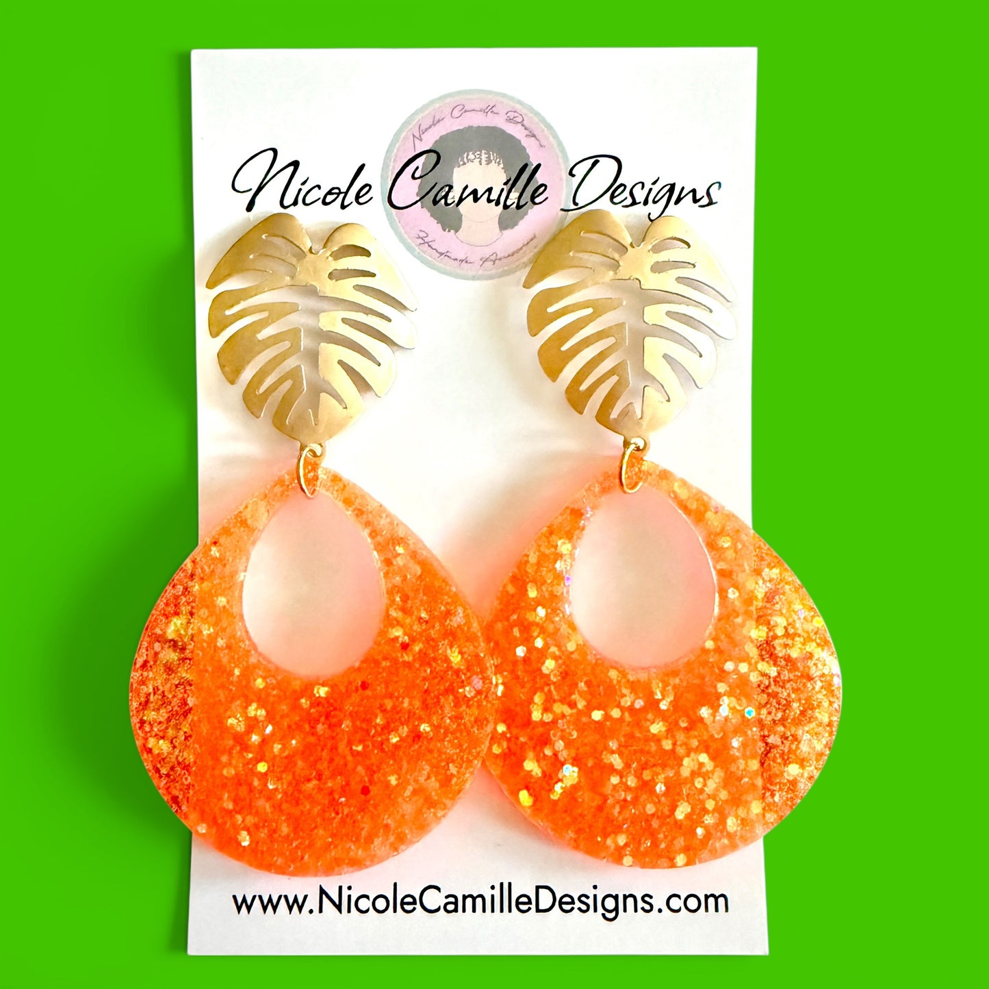 Orange Glitter Teardrop & Monstera Resin Earrings