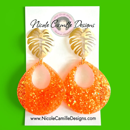 Orange Glitter Teardrop & Monstera Resin Earrings