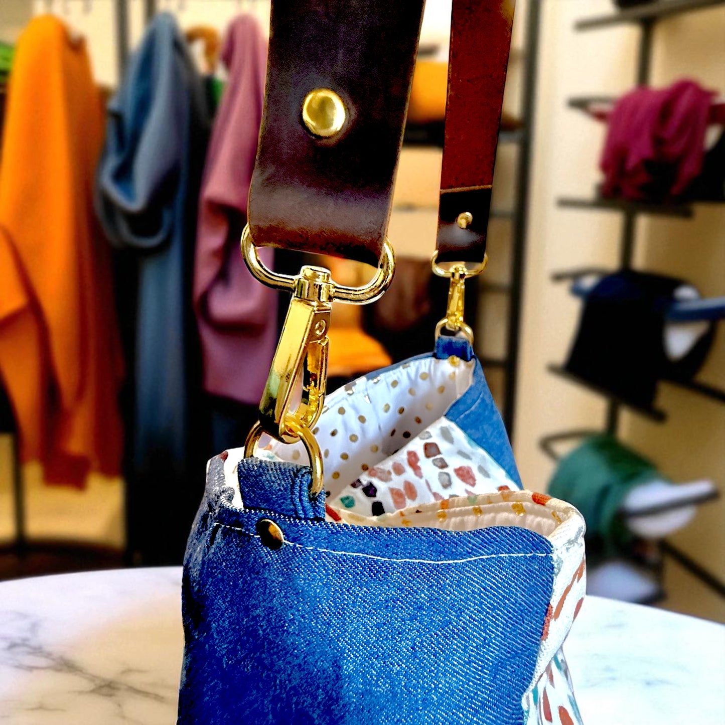 Whimsical Print & Denim Shoulder Bag