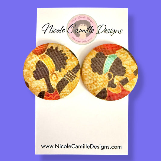 African Women Fabric Button Earrings