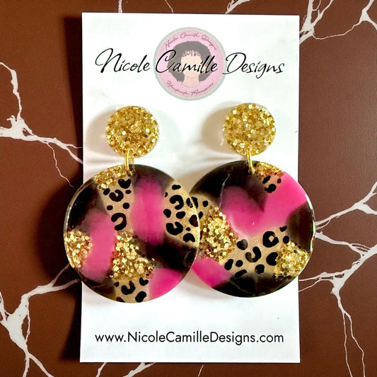 Fuschia & Black Mix Glittery Disc Resin Earrings