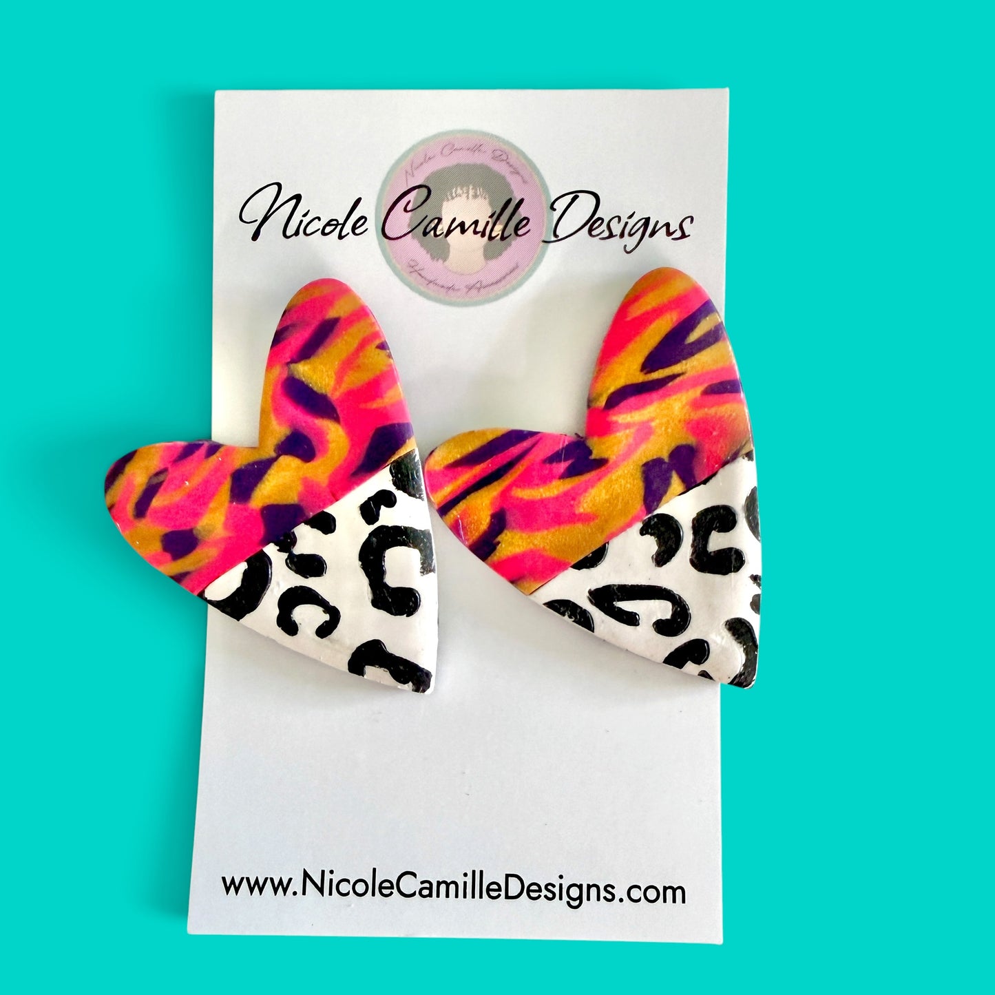 Mixed Print Whimsical Heart Clay Earrings