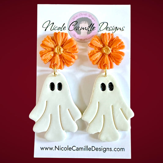 Orange Flower & Ghost Clay Earrings
