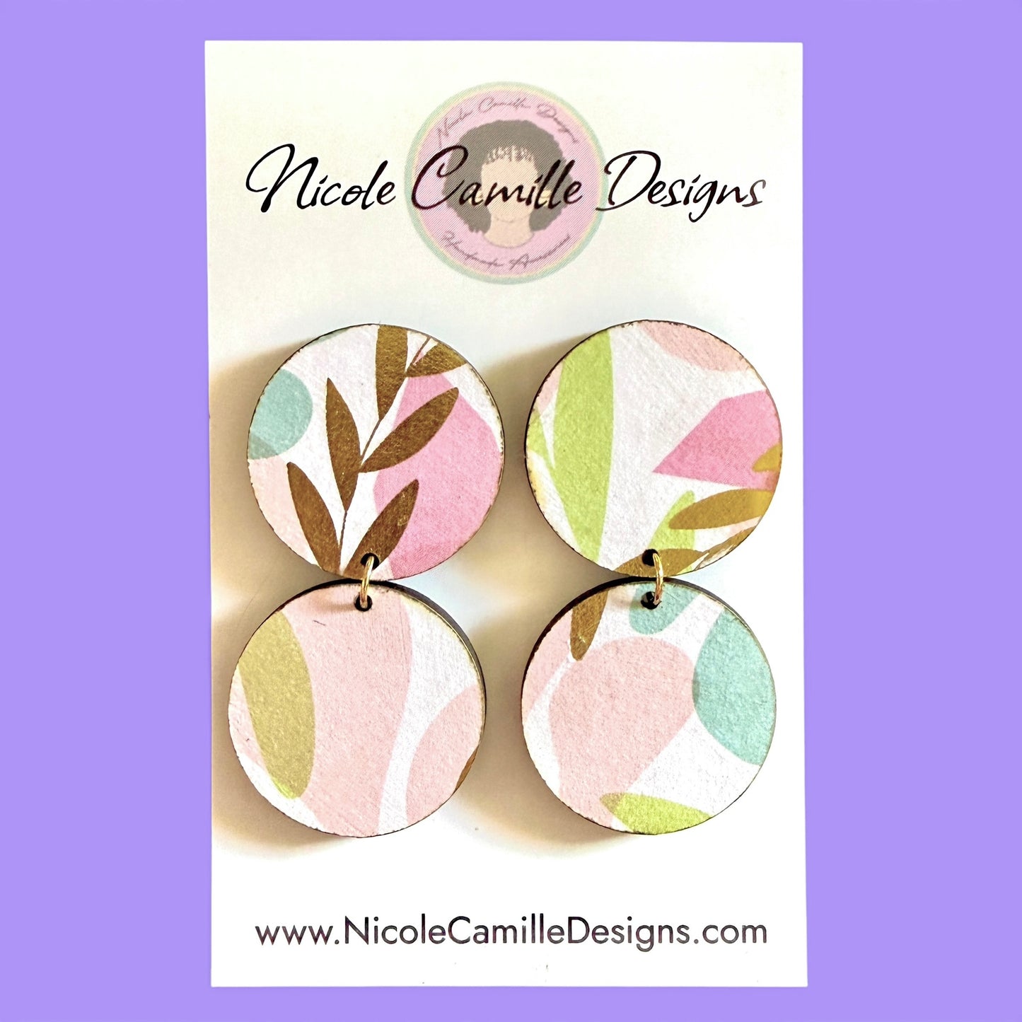 Abstract Pastel  Double Disc Wood Earrings
