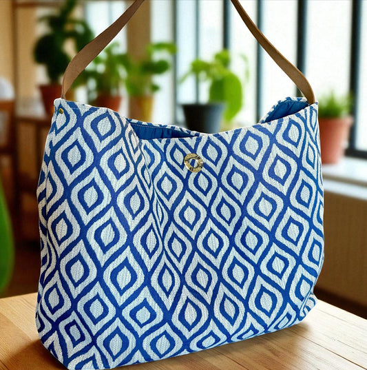 Navy & Taupe Print Hobo Bag