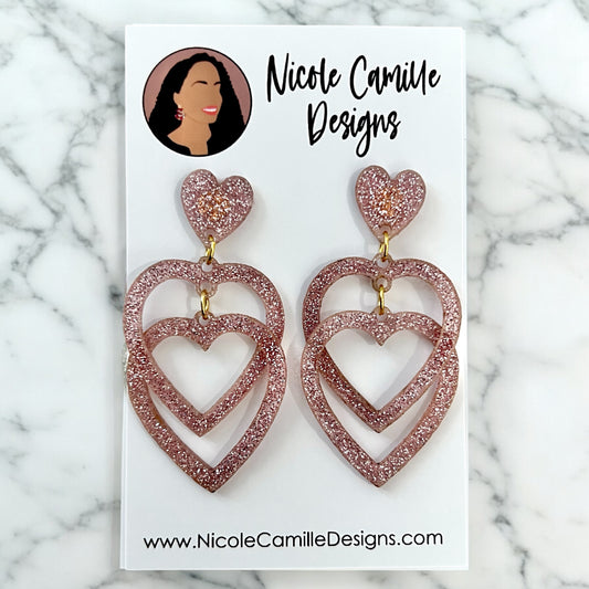 Pink Glittery Linked Hearts Acrylic Earrings