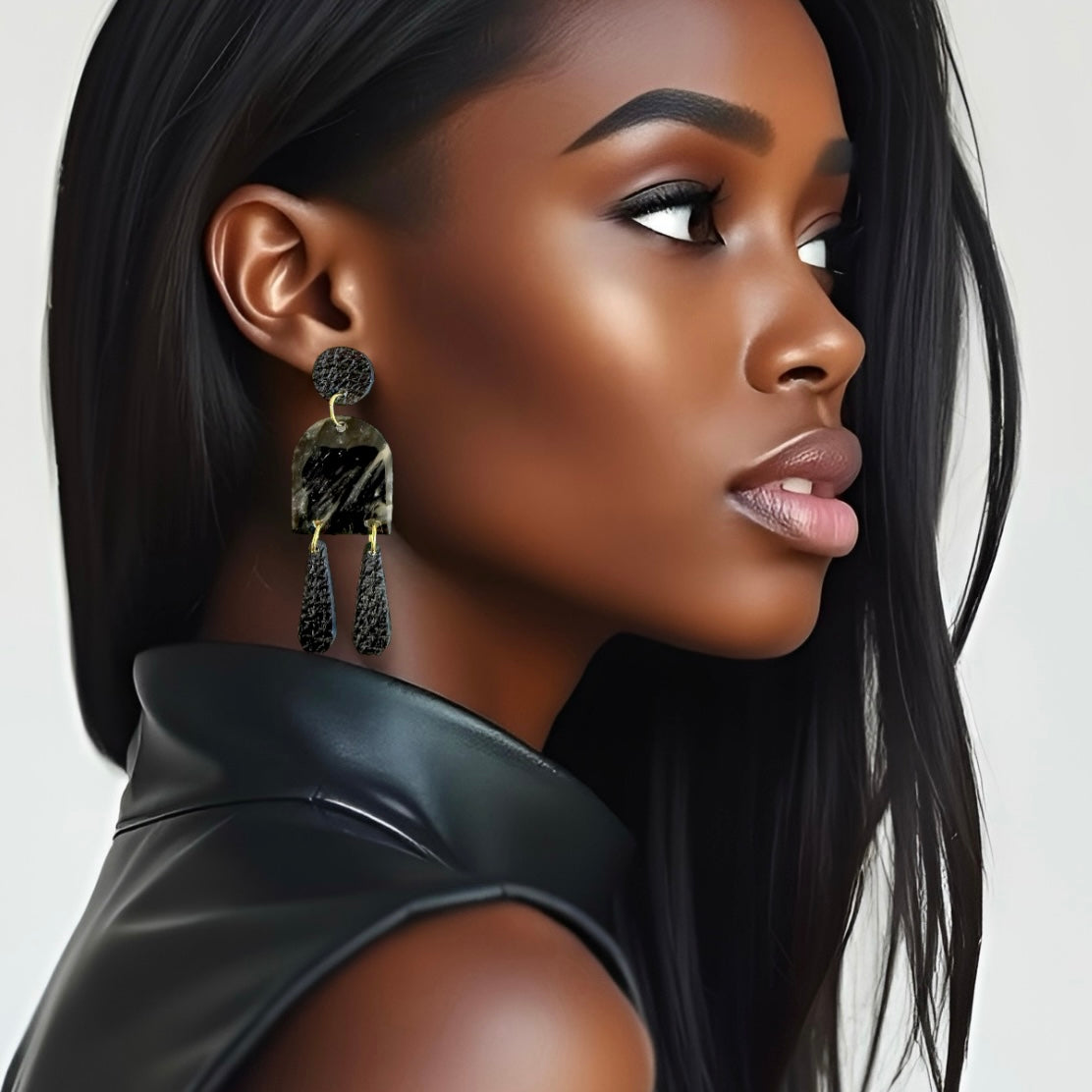Black Marble & Leather Arch Dangle Clay Earrings