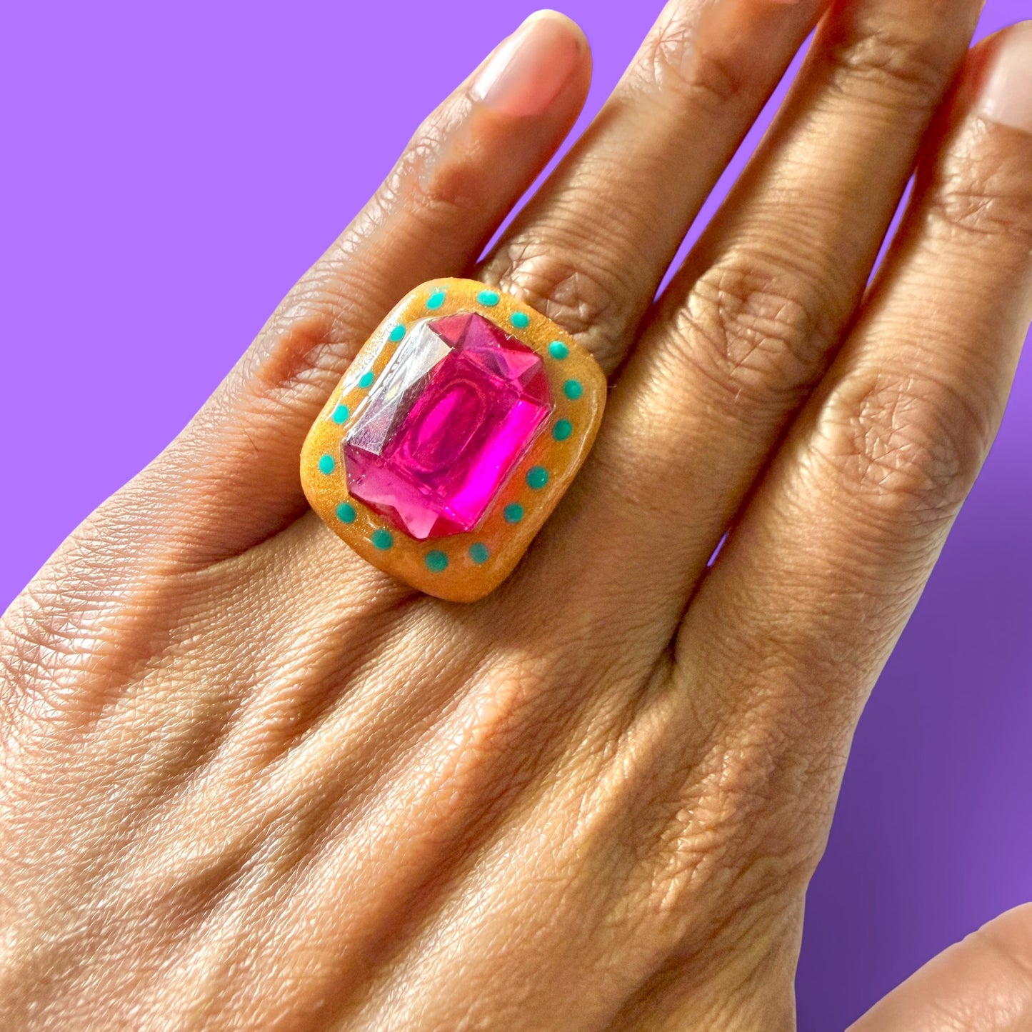 Gold Jeweled Clay Adjustable Ring 2
