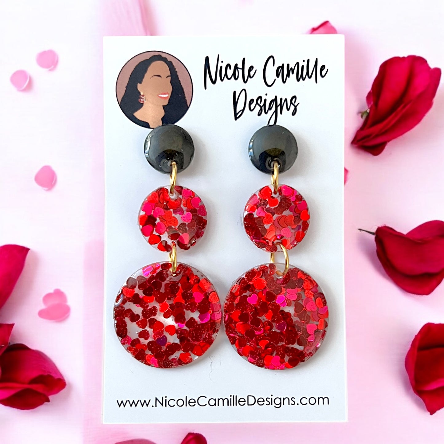 Red Heart Glitter 3-Disc Resin Earrings