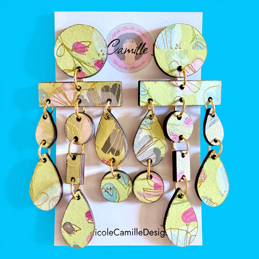 Lime Floral Print “Morocco” Wood Earrings