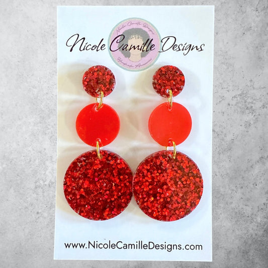 Red Glitter 3-Disc Resin Earrings