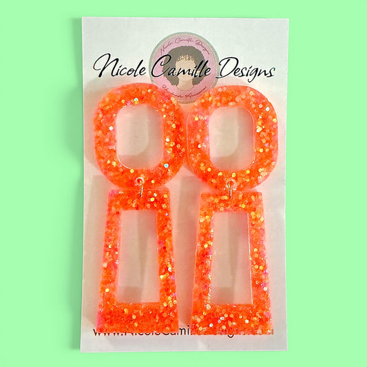 Orange Glitter Geometric Resin Earrings