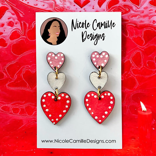 Pink, White & Red 3-Hearts Wood Earrings