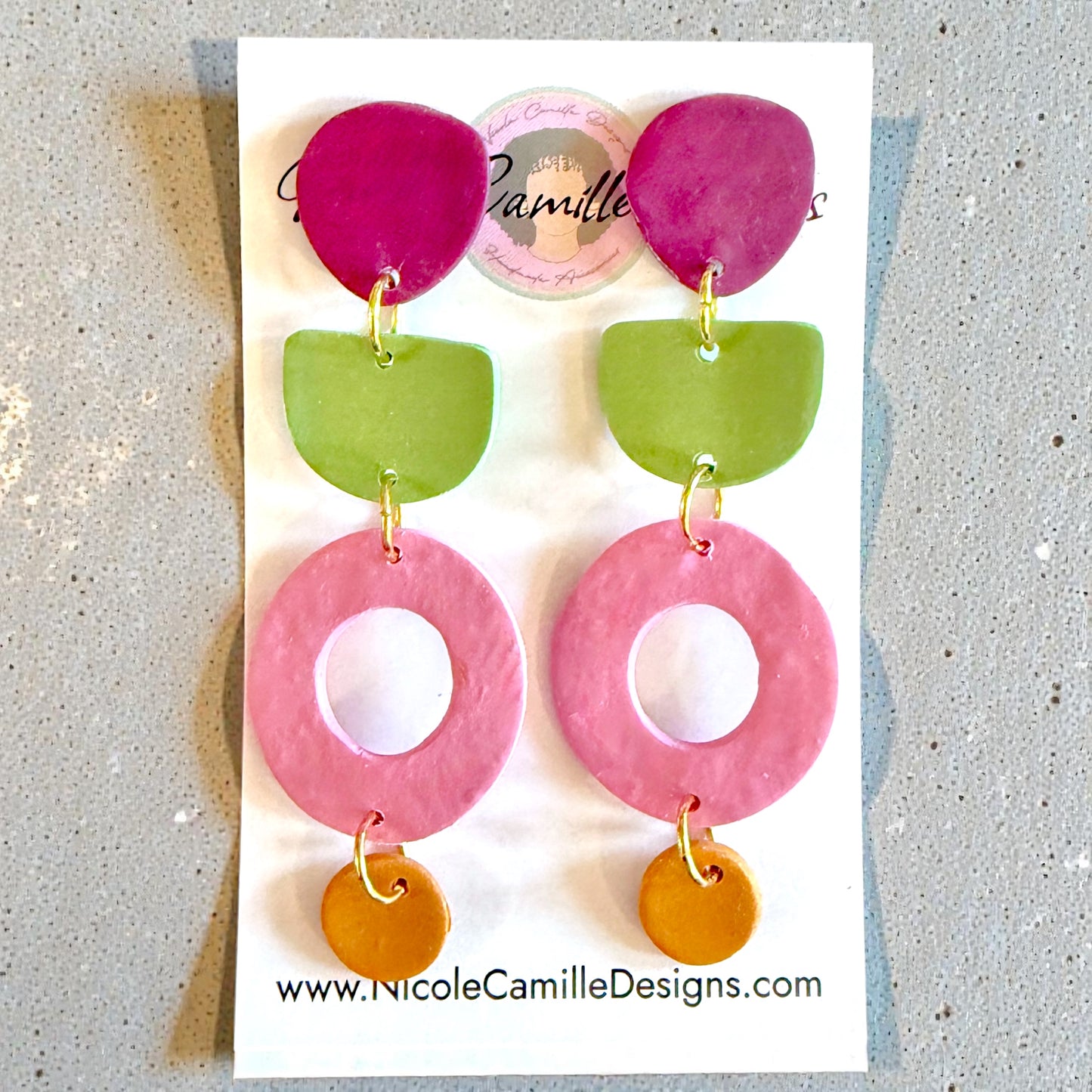 Plum/Olive/Pink Long Geo Clay Earrings