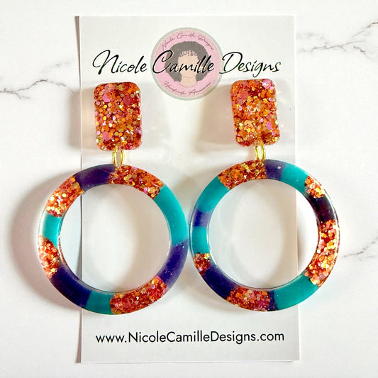Teal & Navy Mix Glittery Hoops Resin Earrings