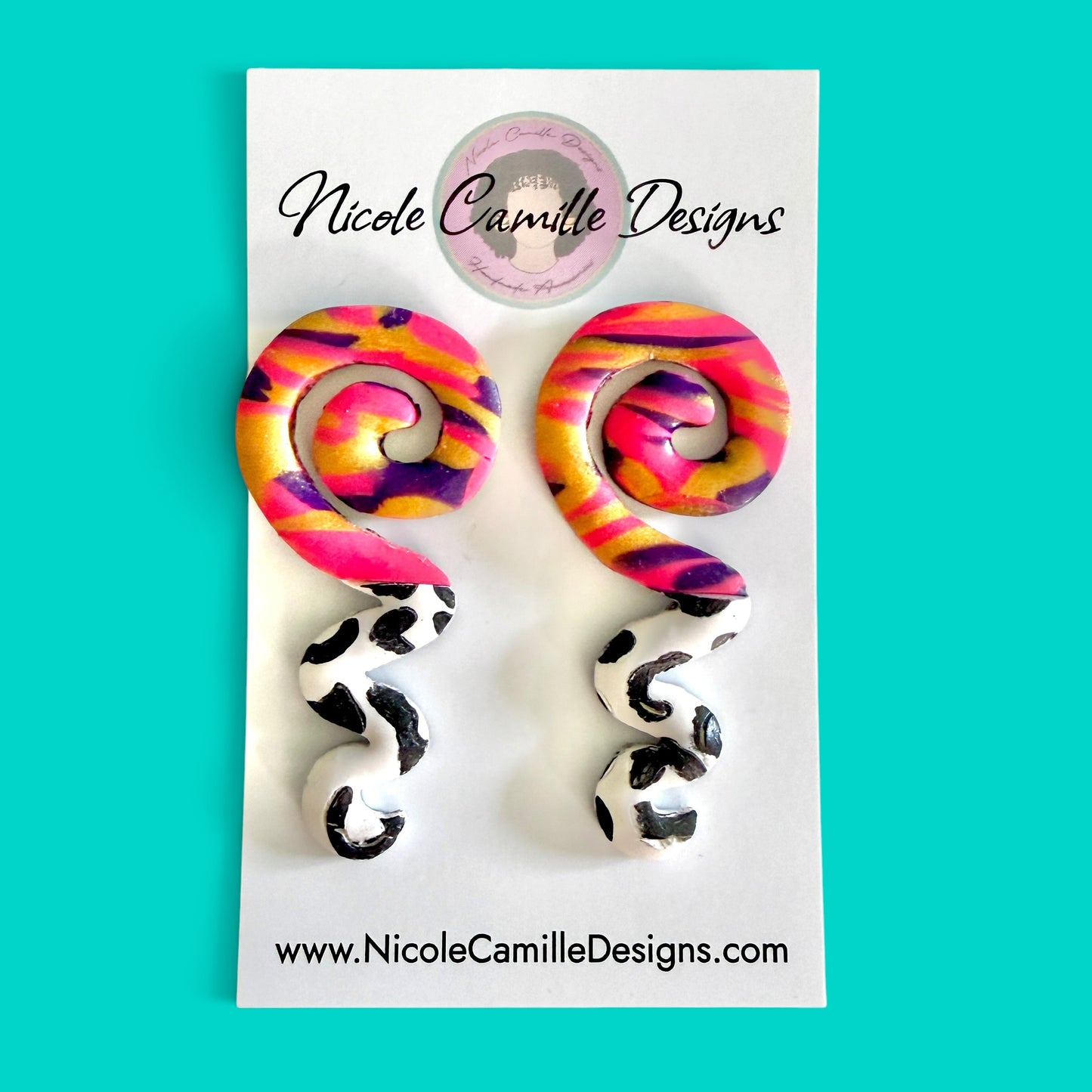 Mixed Print Spiral Squiggle Clay Earrings