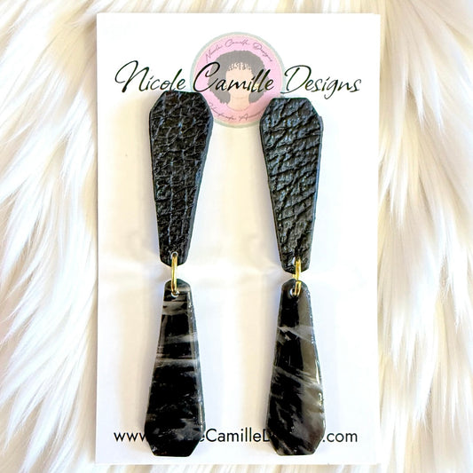 Black Marble & Leather Skinny Clay Earrings