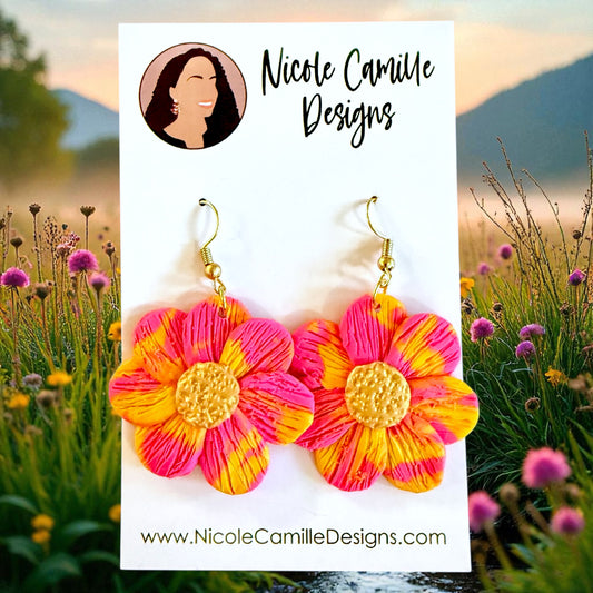 Hot Pink & Yellow Flower Dangles Clay Earrings