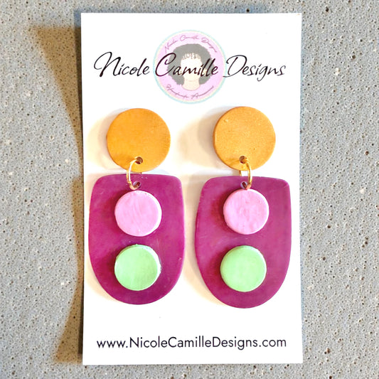Plum/Olive/Pink Geo Clay Earrings