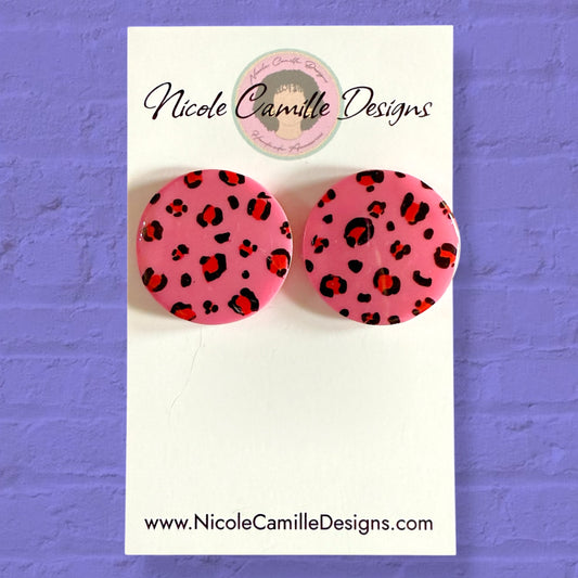 Pink & Red Leopard Large Studs Resin Earrings
