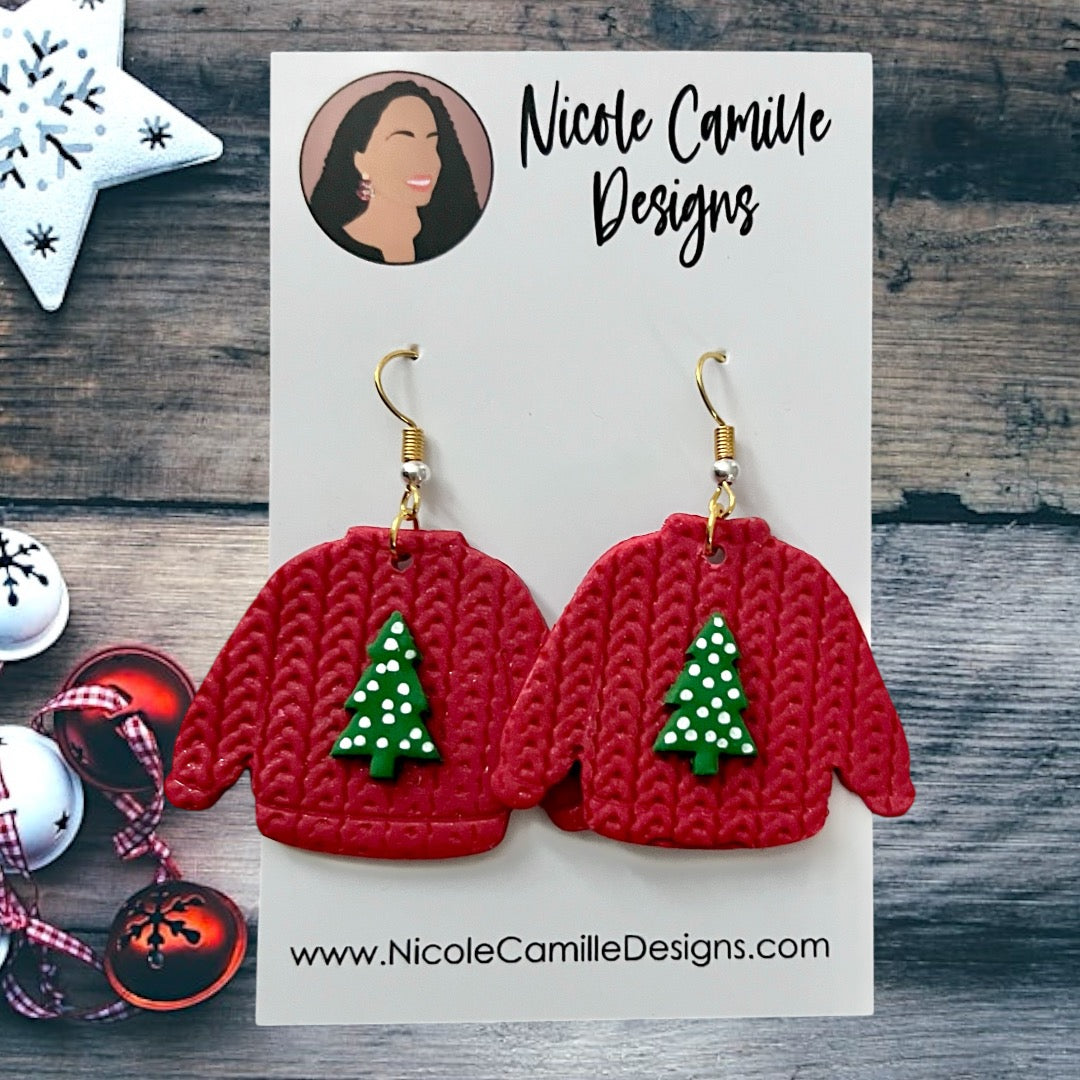 Red Sweater Xmas Tree Clay Earrings