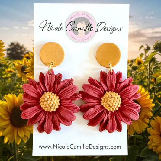 Dark Red Flower Clay Earrings