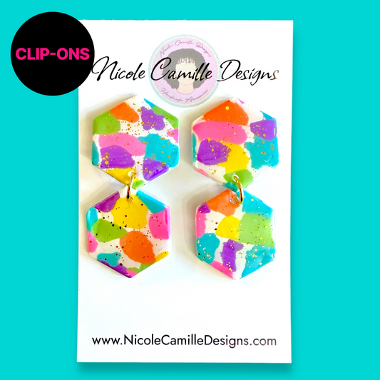 Colorful Patchwork Double Hexagon Clay Clip-on Earrings