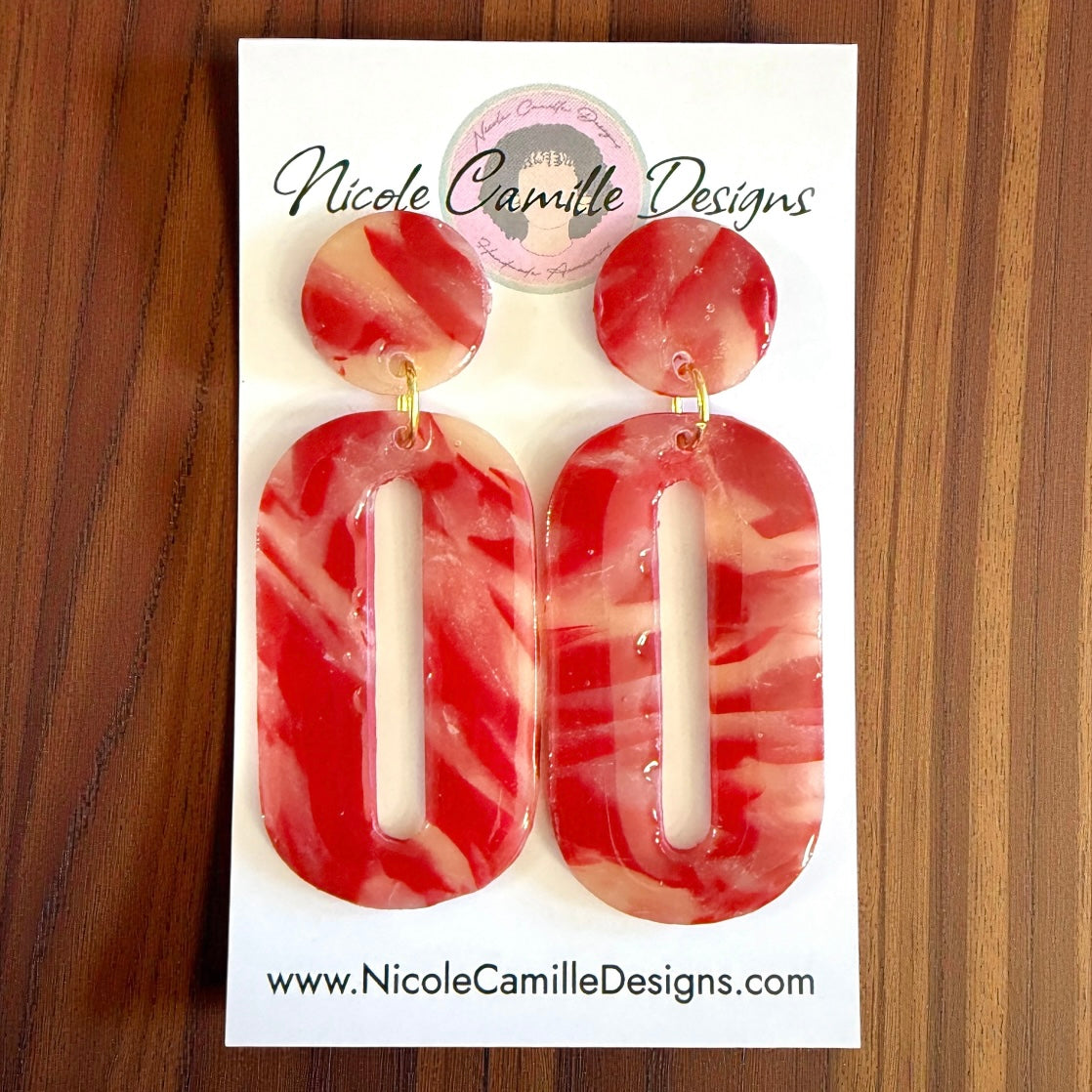 Red Swirl Oval Clay Earrings