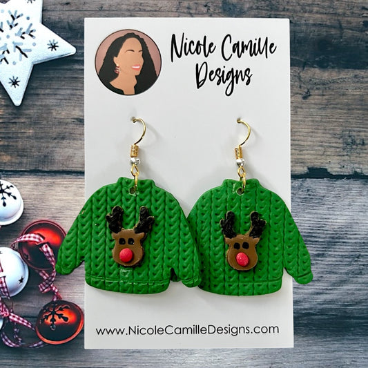 Green Sweater Rudolph Clay Earrings