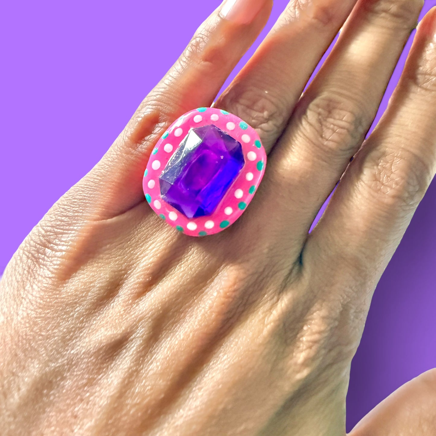 Hot Pink Jeweled Clay Adjustable Ring 2
