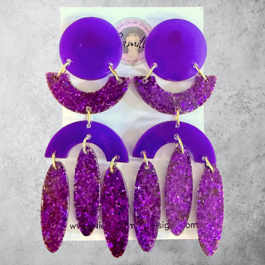 Purple Glitter Geo Dangle Resin Earrings