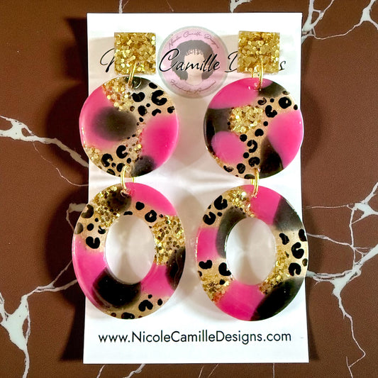 Fuschia & Black Mix Glittery Large Resin Earrings