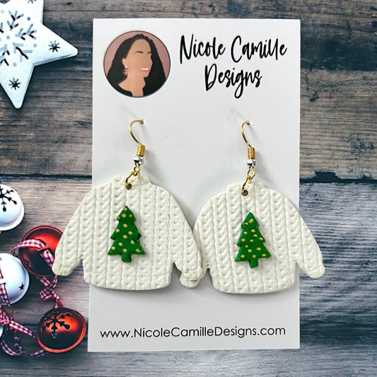 White Sweater Xmas Tree Clay Earrings